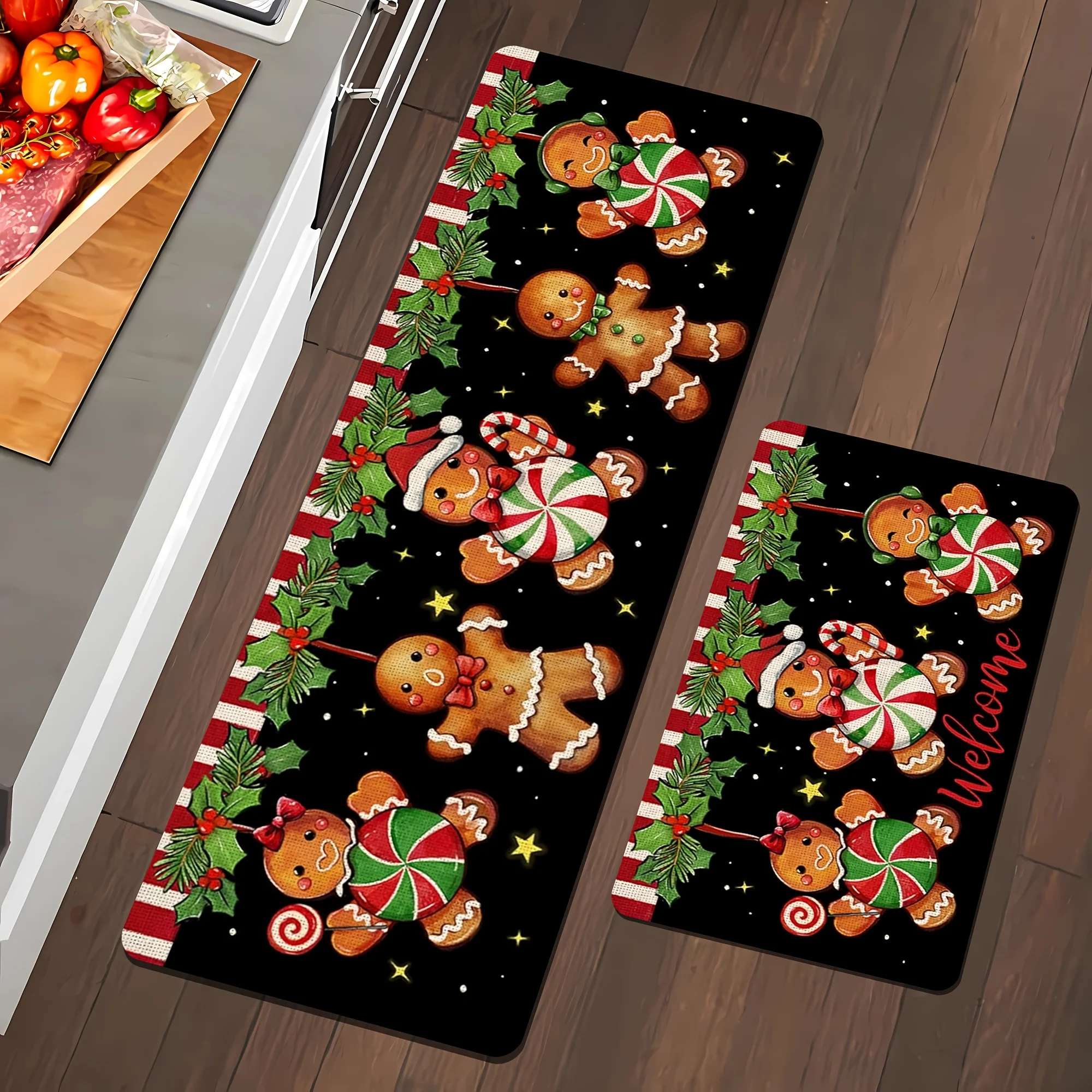 1/2/3pcs Gingerbread Man Christmas Kitchen Mat Cute Candy Cane Pattern Home Floor Decoration Corridor Hallway Long Carpet