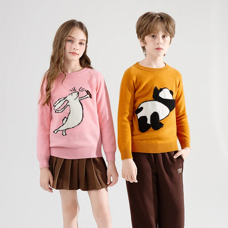 

Teenager Boys Pure Wool Sweater Winter Childrens Warm Sweater Girls O-neck Cartoon Panda Pattern Wool Pullover Kids Wool Sweater