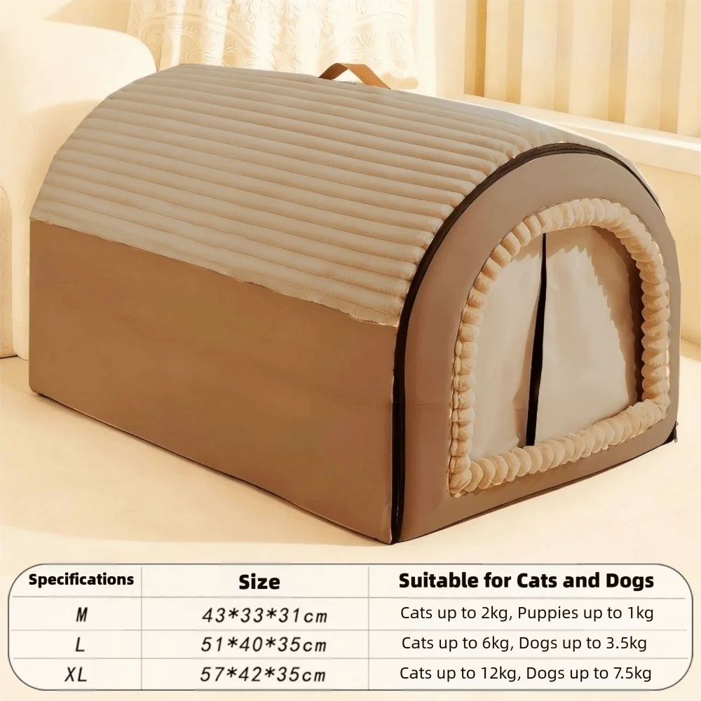 Winter Enclosed Pet House Detachable Soft Dog Bed & Cat Bed Anti-Slip Bottom with Door Curtain Warm Tent For Small Animals