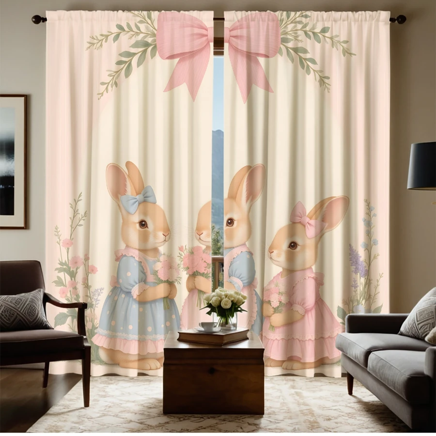 2PCS Digital Print Curtains, Pink Trio of Bunnies Pattern, Cute Three Rabbits Decor Adorable Bunny Group Sweet Kids Drapes