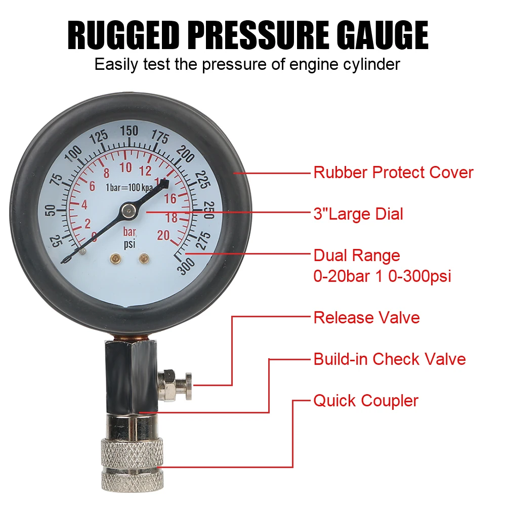 0-300Psi/20Bar Motorcycle Car Cylinder Tester Pressure Gauge M10 M12 M14 M18 Adapter Gasoline Compression Test Meter Diagnostic