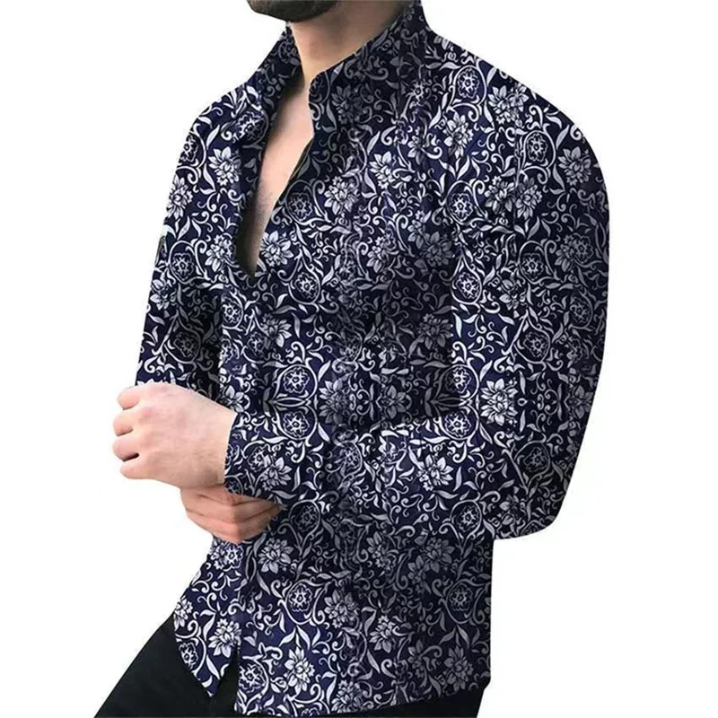 2023 Fashion Men's Retro Tribal Ethnic Casual Comfortable Breathable Lapel Button HD Pattern Long Sleeve Shirt New Hot Sale