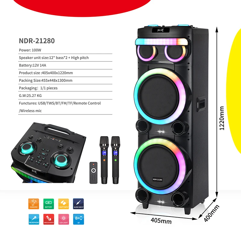 NDR-21280 Powerful Subwoofer Dual 12-inch Stage Karaoke Speakers with Wireless Microphone Woofer
