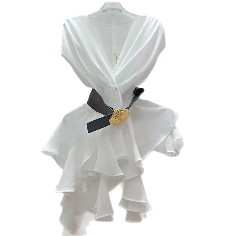 ฤดูร้อนยุโรปใหม่ INS Niche Design V คอพิมพ์เข็มขัดเอวอเนกประสงค์ Chic Light หรูหราเสื้อด้านบนสําหรับผู้หญิง