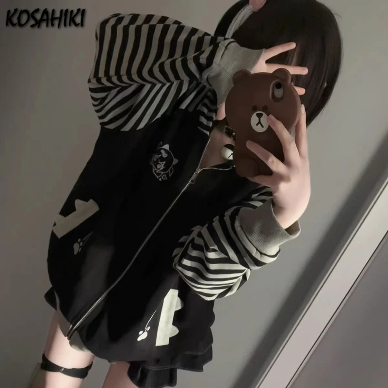

Contrast Color Kawaii Hoodie Women Y2k Aesthetic Cartoon Print Cat's Ears Hoodies Grunge Patchwork Stripe Sweatshirt Harajuku