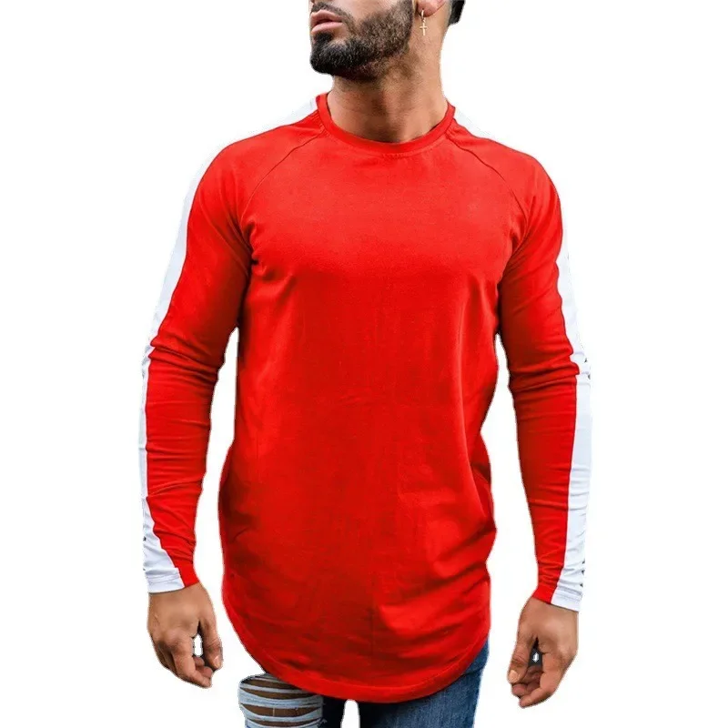 Autumn Fashion Cotton Patchwork Long Sleeve T shirt For Men Spring Solid Casual Sports T-shirt Male Classic Arc hem Tees Tops