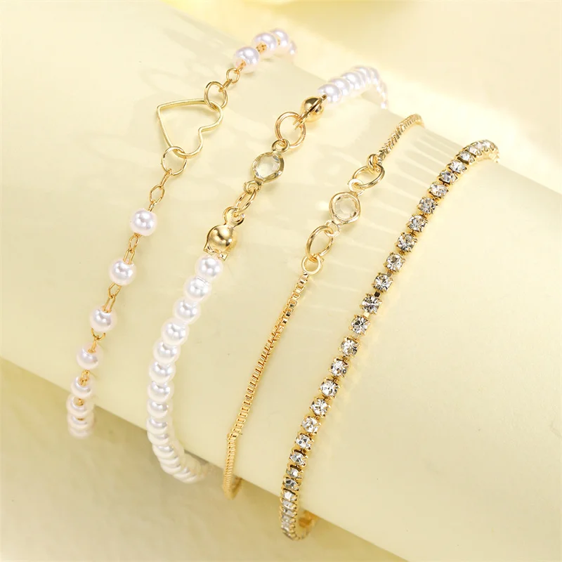 4Pcs Set of Ladies Simple Temperament Fashion Bracelet Set Knotted Imitation Pearl Zircon Love Gold-Color Bracelet Jewelry Gift