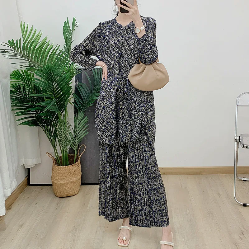 Miyake Pleated Early Fall New Suit Women's Solid Color Loose Fashion Slim Long Top + Pants Two-piece Set