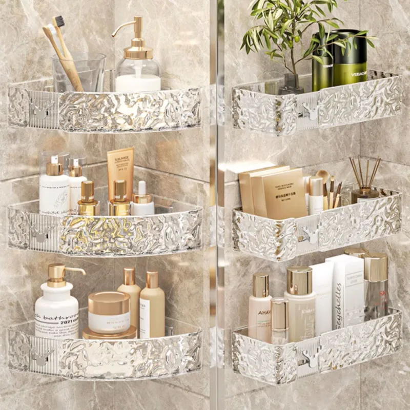 Bathroom Storage Rack Rectangular Non Perforated Wall Mounted Light Luxury Toilet Restroom Transparent Shelf Organiser Household