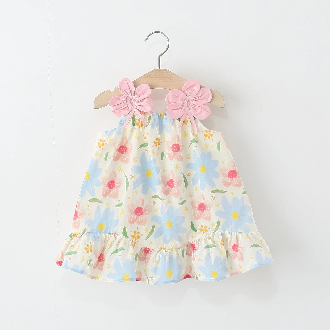 Summer Baby Girl Pink Dress Sweet Flower Print Suspender Princess Dress Girls Casual Outing Clothing