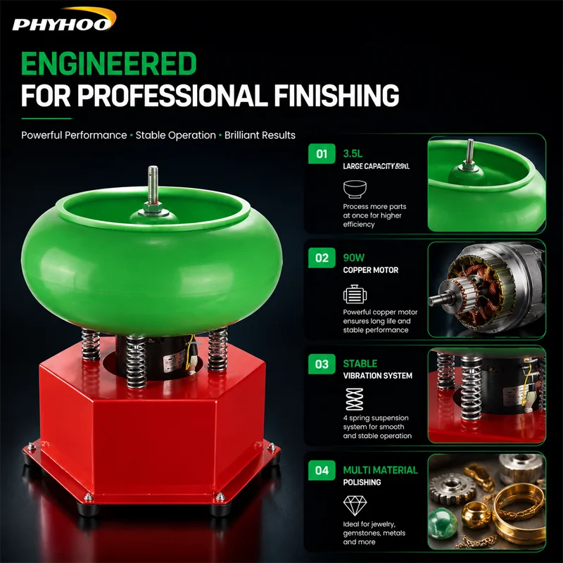 PHYHOO Vibratory Tumbler Polisher 90W 3L Professional Jewelry Gemstone Metal Polishing Machine 2800RPM Vibrating Deburring Bowl