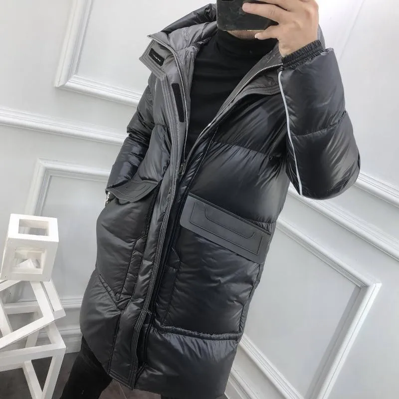 New Winter Mens Thicken Warm Medium Long Hooded Down Coat Stand Collar Zipper Fashion Casual Jacket Male High Street Overcoat