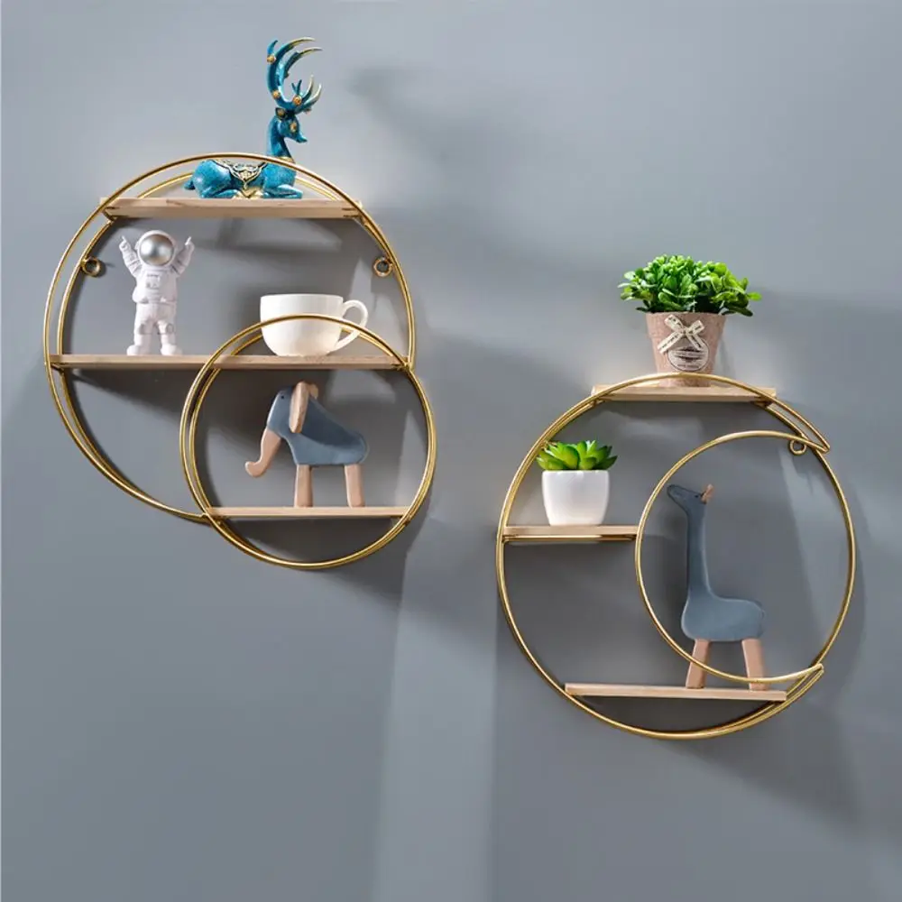 Creative Iron Decorative Wall Shelf Gold No Punching Wall Storage Rack Space Saving Nordic Style Wall Decoration Restaurant