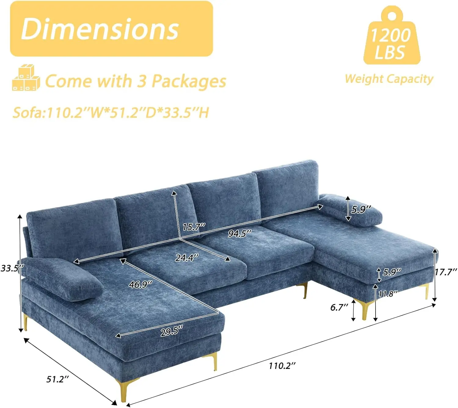 Karl home rozkładana sofa segmentowa 110 "sofa w kształcie litery U kanapa 4-osobowa kanapa z szezlongiem tapicerowana tkaniną szenilową do salonu