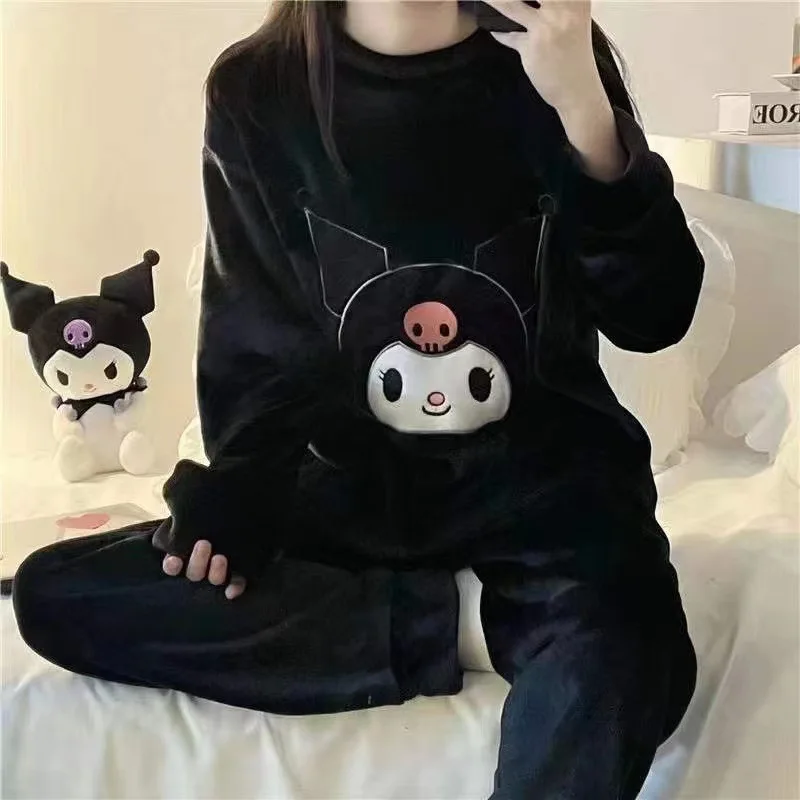 New Sanrio Kuromi Pajama Sets Women Winter Warm Plush Cute Sleepwear Print Pajama Cartoon Home Clothes Valentine\'S Day Gift Soft