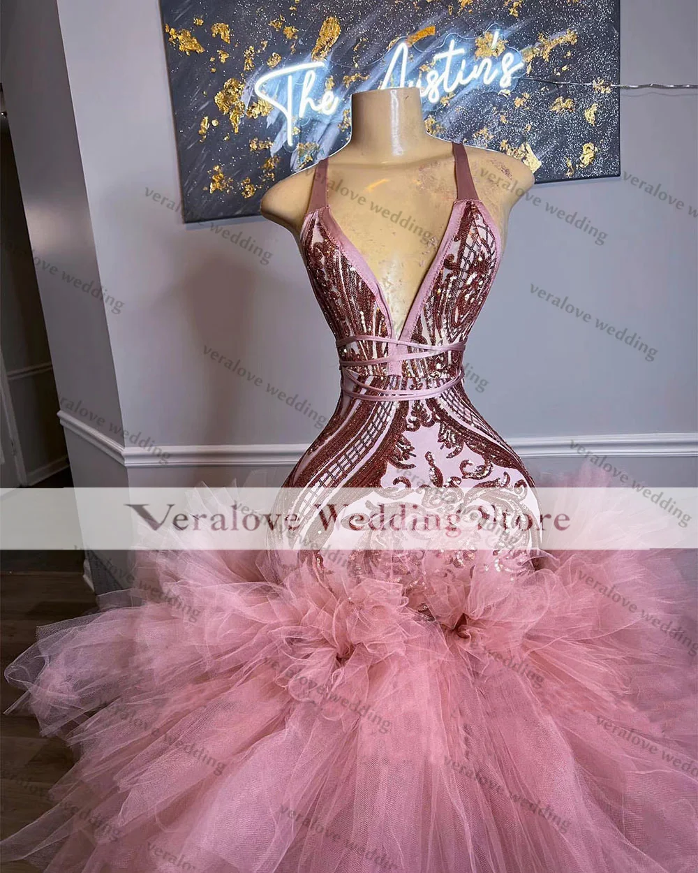 Robe de bal en dentelle rose Sexy pour femmes, Illusion de paillettes, col licou, tenue de soirée