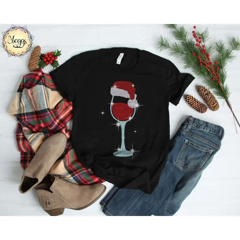 Christmas Glitter Wine Glass Print T Shirt Lover Santa Hat For Women Ladies Tasting Not Real
