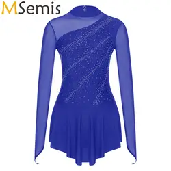 Frauen Glitter Strass Eiskunstlauf Kostüm Gymnastik Lyrical Ballett Mädchen Tanz Kleider Dancewear Langarm Trikot Kleid