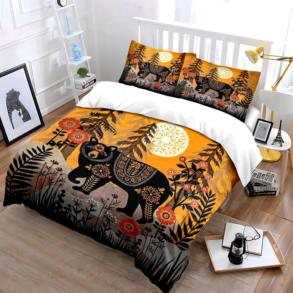Bear and Floral Forest Artwork Bedding Set for Kids Luxury Gift 3pcs Digital Print Comforter Set Soft Comfortable Breathable
