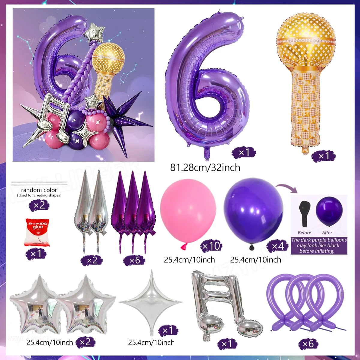 Lila Zahlenballon und Notenballon-Set, Mikrofonförmiger Ballon für Geburtstagsfeiern, Disco- und Musikpartys, Dekoration (0-9) – Detail 7