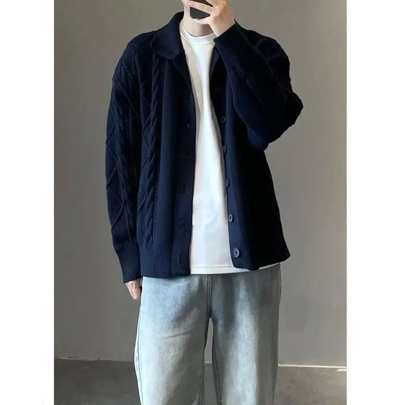 Autumn Winter New Korean Personalized Twist Knitted Cardigan Men's Retro Japanese Y2K Loose Versatile Solid Color Sweater Jacket