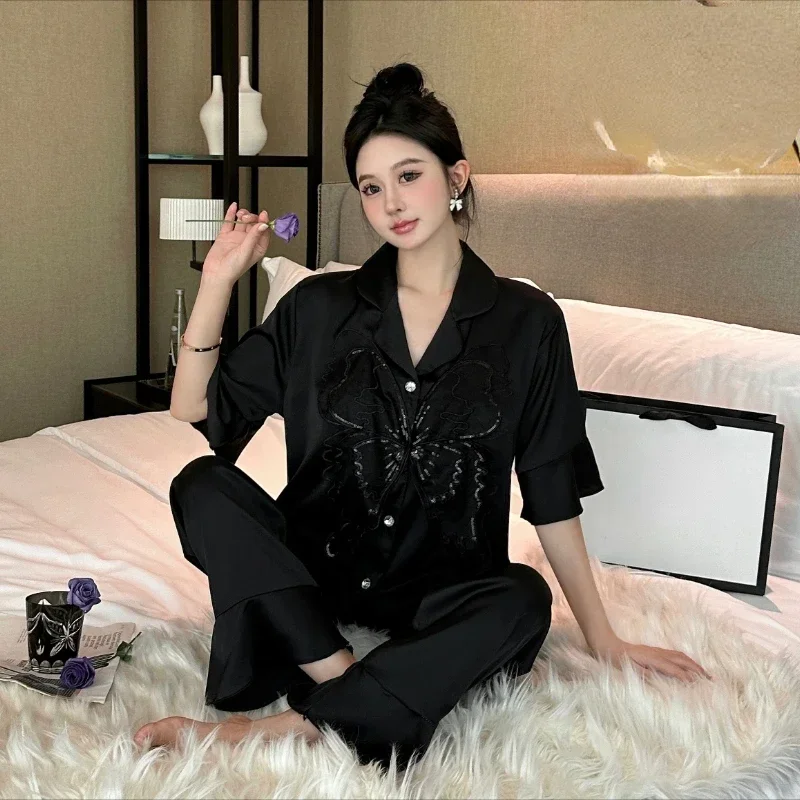 

Shorts Sleeve Pajama Sets Women Baggy Solid Casual Butterfly 3D Decoration Sleepwear Gentle Home Summer Trendy Nighty for Ladies