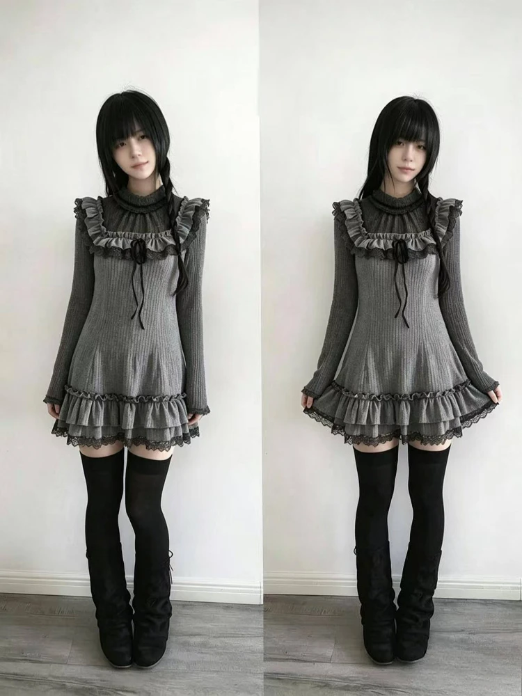 Japanischer Vintage-Stil Süßes 2-teiliges Set für Mädchen, Herbst, Neues Spitzen-Patchwork-Weste-Kleid, Basic Lässige Oberteile, Modisches Design-Set für Damen