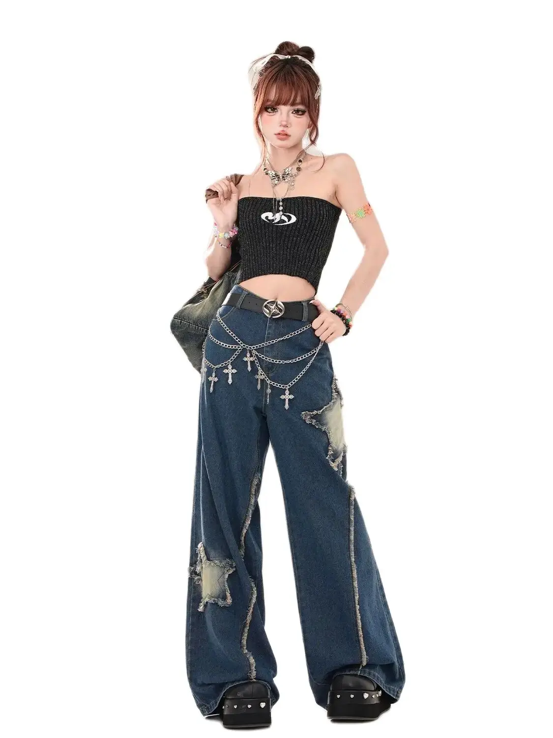 Denim Trousers Women\'s Wide Leg Jeans Street Cool Girl High Waist Baggy Pants Female Casual Straight