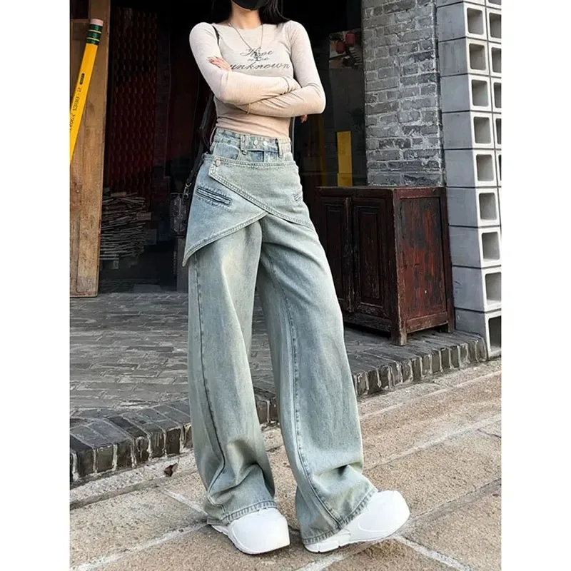 Damskie niebieskie luźne jeansy vintage lata 90. estetyka patchworkowe spodnie kowbojskie Harajuku spodnie dżinsowe streetwear lata 2000