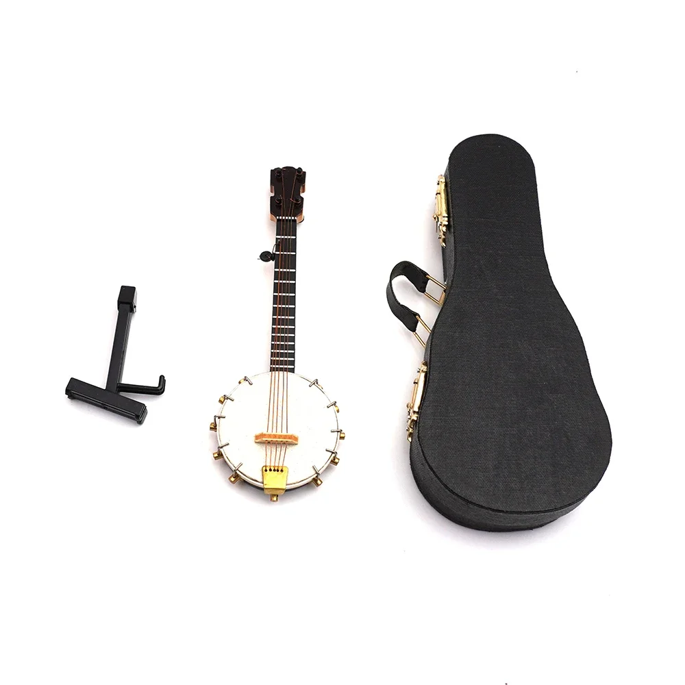 1Pcs Miniature Banjo Model with Support and Case Mini Musical Instrument Dollhouse 1/6 Action figure Accessories bjd