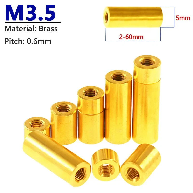 

5pcs M3.5 Brass Round Coupling Nut Female Thread Cylindrical Stud Standoff Sleeve Double Pass Hollow Pillar Width 5mm L=2-60mm