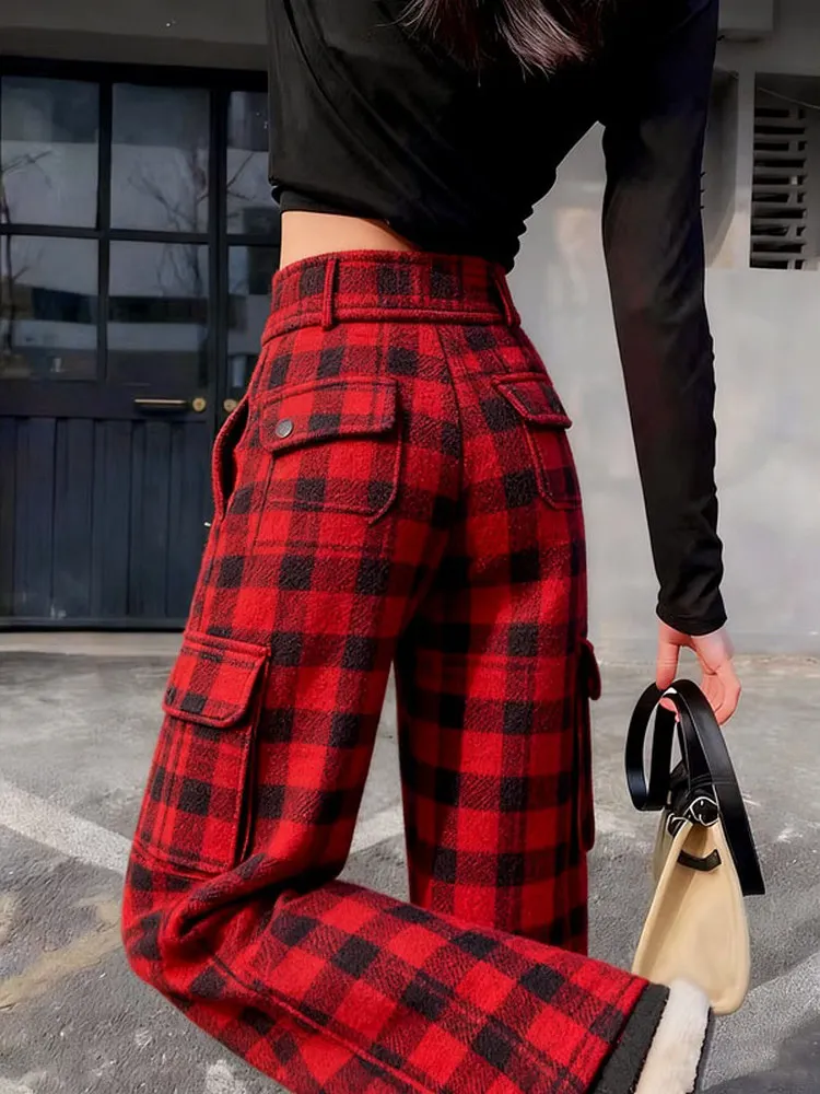 

Retro Plaid Wide Leg Pants Women's Fce Lined Thi High Waist Loose Straight Casual Trousers Korean Sle Commute Faion