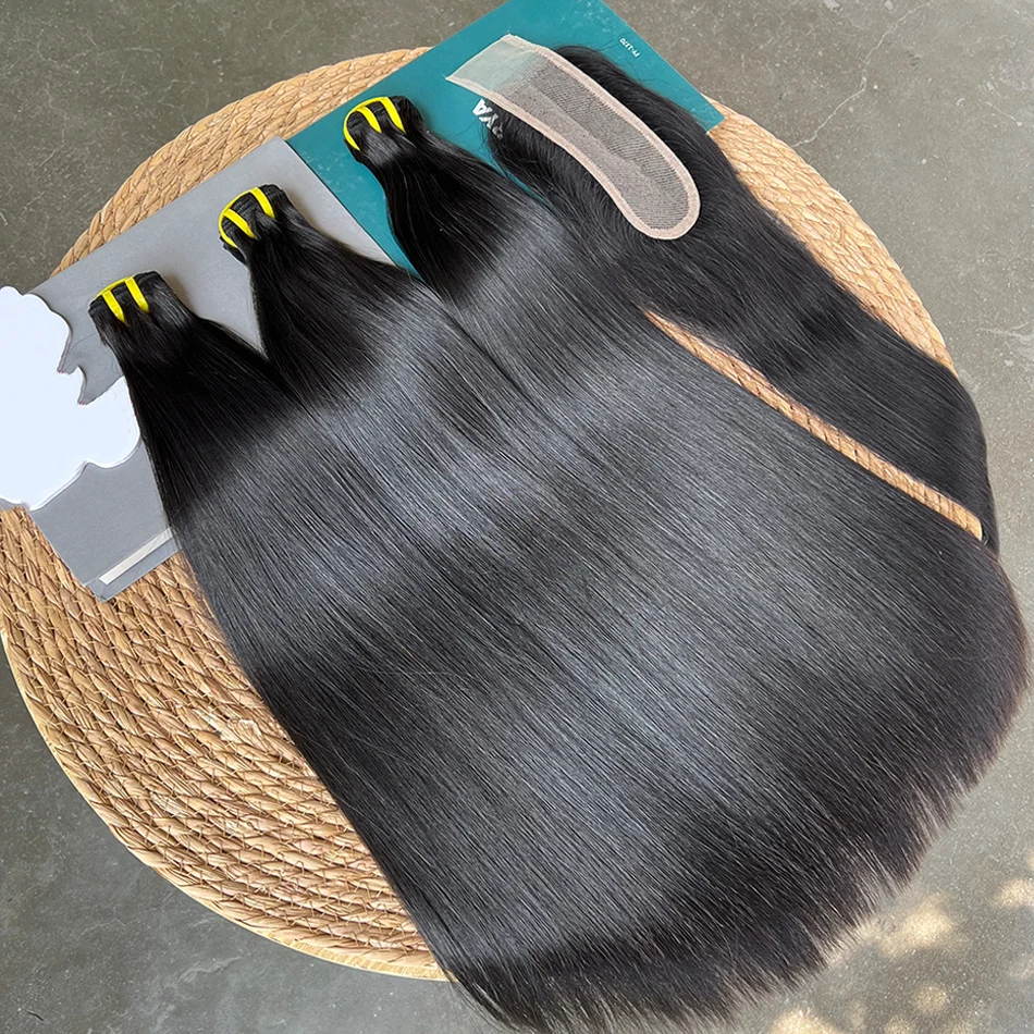 Bone Straight Double Drawn Human Hair Bundles With 2x6 Transparent Lace Closure Bleached Knots 100% Human Hair Weave Extensions