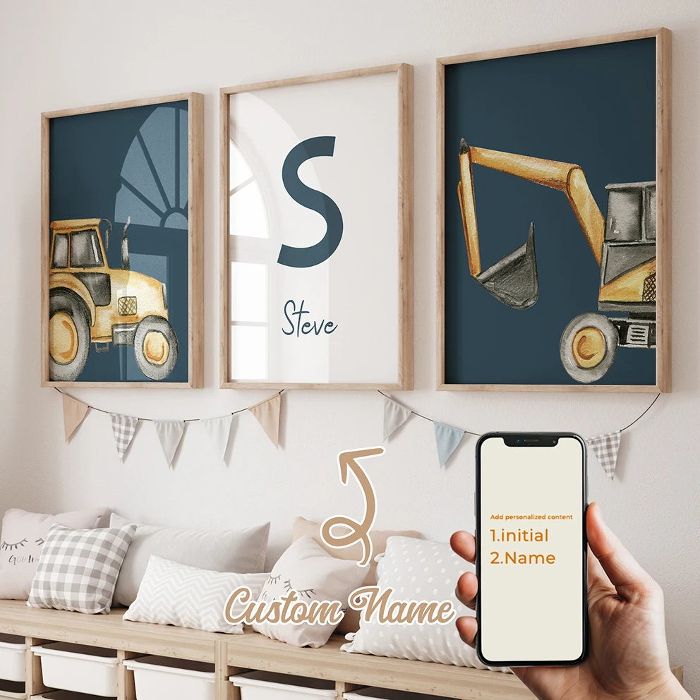 3pcs Personalized Custom Name Cartoon excavator Wall Art Print Picture Canvas Poster Painting For Living Child Room Home Decor