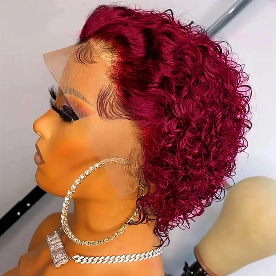 

Pixie Cut Wig Short Bob Curly Human Hair Wigs Cheap 13X1 Transparent Lace 99J Burgundy Water Deep Wave Lace Front Wig For Women