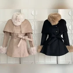 Winter French Vintage Elegant Wool Coat Woman Black Chic Shawl Cloak + Retro Loose Trench Overcoat Female Bandage Design Outfits