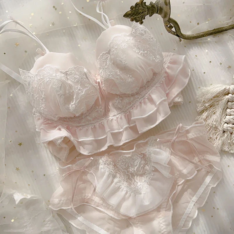 الأميرة الملابس الداخلية لطيف الصدرية النقية مجموعة الأبيض الحلو ملخصات الإناث لوليتا فتاة اليابانية Brattle اللاسلكية الدانتيل كشكش الصدرية سراويل البدلة