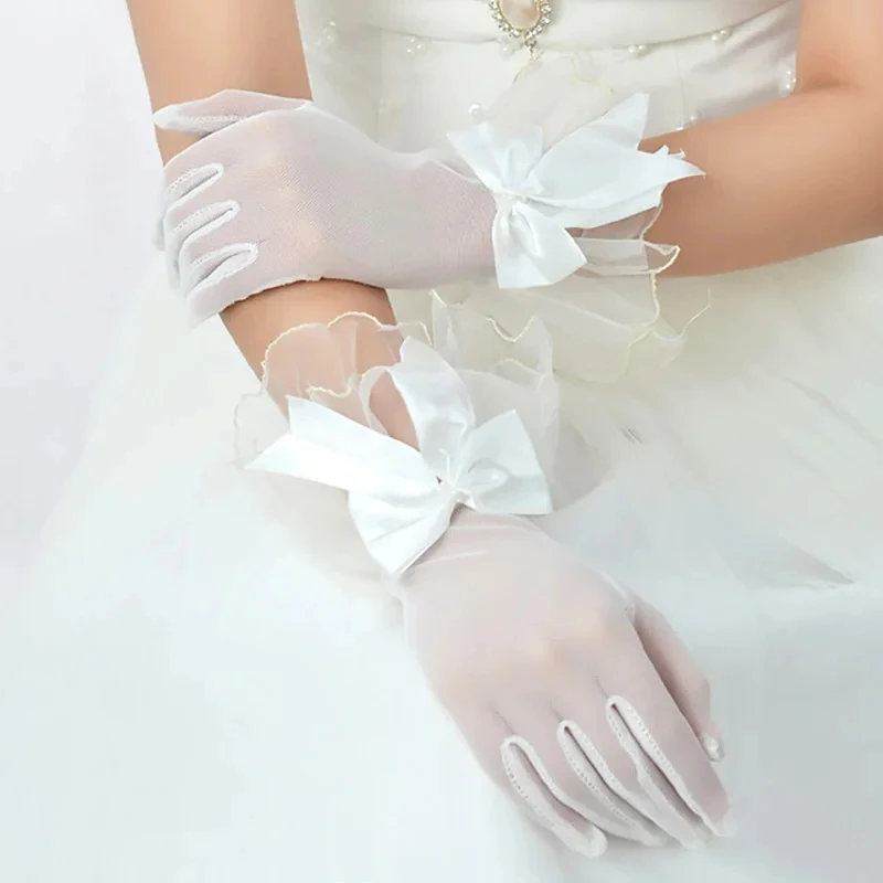 Short Tulle  Full Fingers Bridal Gloves with Bow-knot Mittens  Lady Party Gloves  Wedding  Accessories