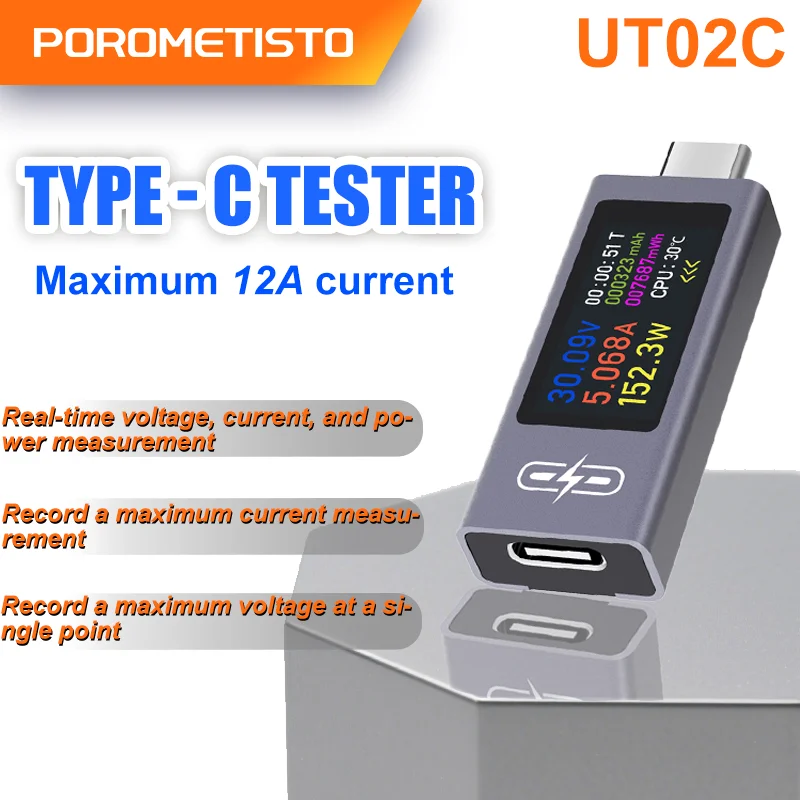 

POROMETISTO UT02C Multi-function USB Type-C Tester Maximum 12A Fast Charging Test CPU Temp Monitor Voltage Ammeter Power Meter