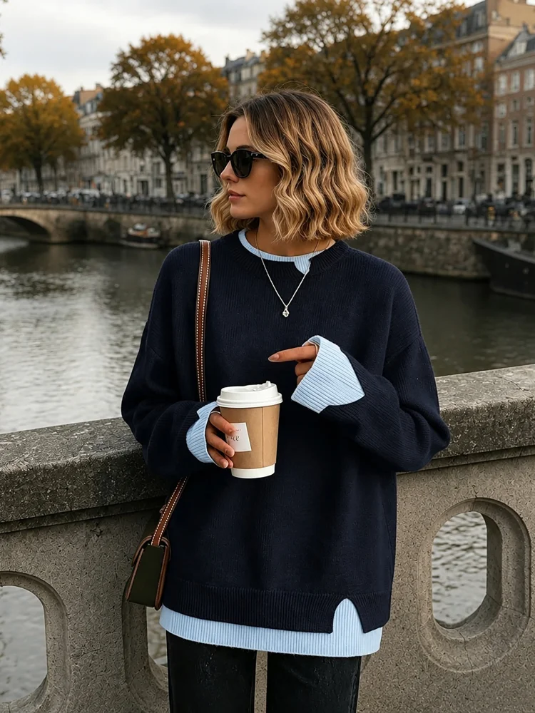 Lazy Chic Fake Two‑piece Knit Sweater Lady Round Neck Notch Collar Color Block Slit Hem Top Casual Autumn Daily Commute Pullover