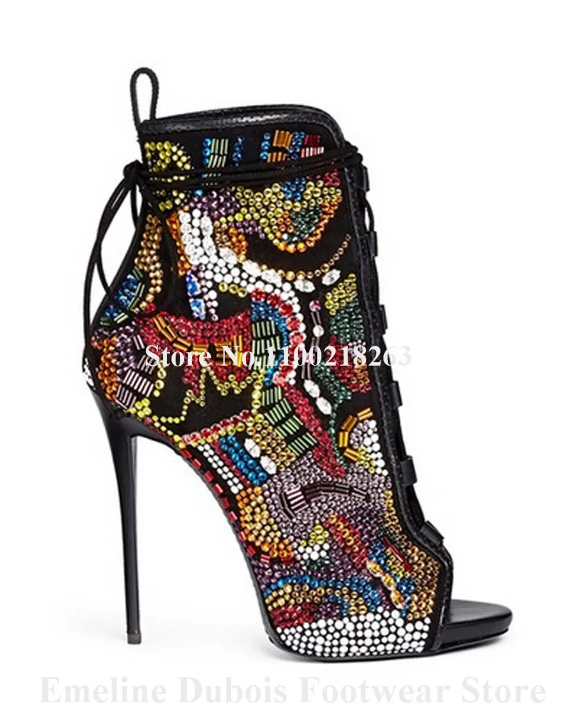 Mixed-colors Rhinestones Short Boots Emeline Dubois Peep Toe Lace-up Patchwork Crystals Ankle Booties Bling Bling Dress Shoes