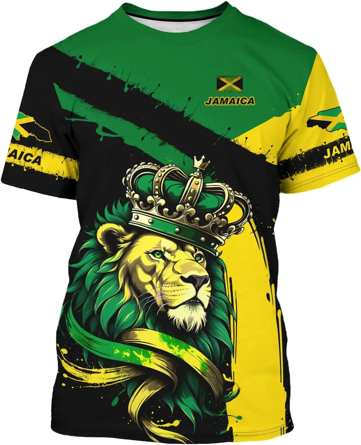 تي شيرت BJU بعلم جامايكا تي شيرت أسد مطبوع برقبة دائرية وأكمام قصيرة كاجوال رياضي للجنسين