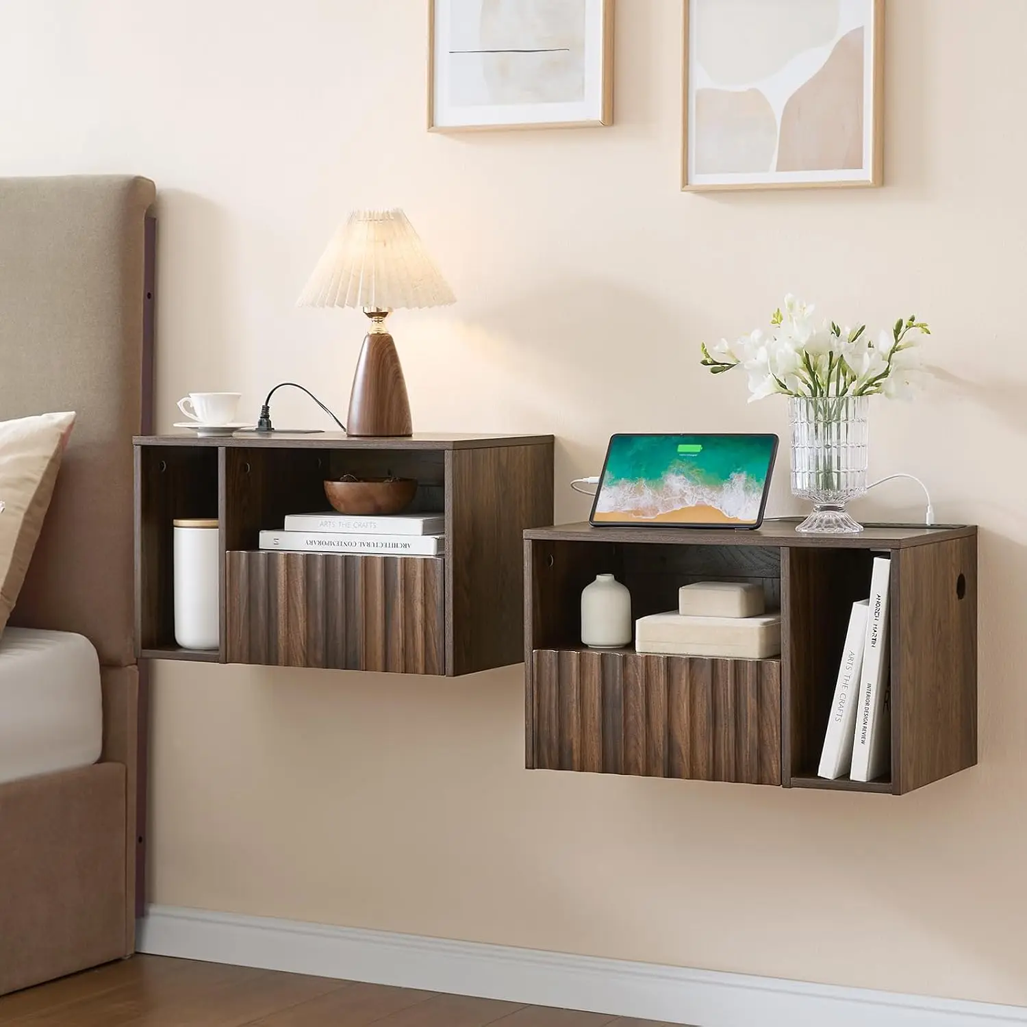 Walnut Floating Nightstand Set of 2 with Charging Station, Wall Mounted Bedside Shelf with USB & Outlet, Bedroom, Customized