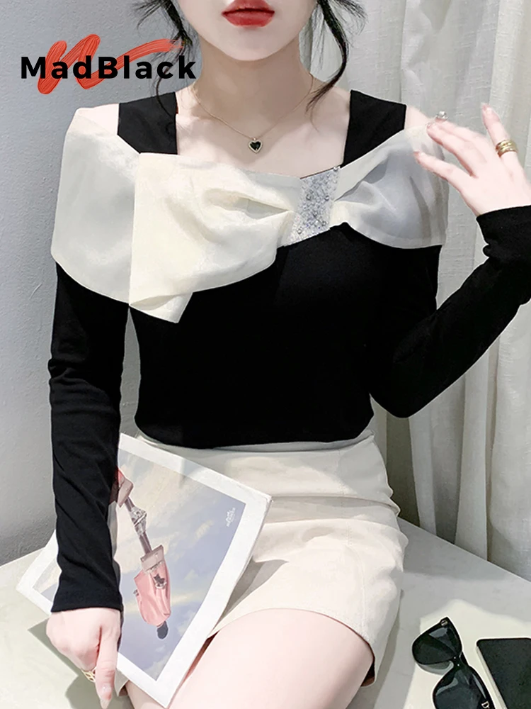 

MadBlack-Women European T-Shirt, Sexy Slash Neck Bow Beading, Streetwear Long Sleeve Slim M-3XL Tee, 2025 Autumn New T59413CC