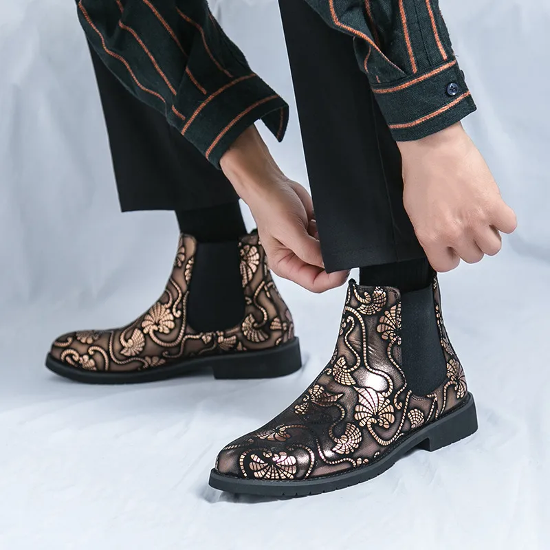 Vintage Golden Print Men Leather Boots Large Size 38-48 Comfy Slip-On Trend Boots Man Streetwear Designer Chelsea Boots For Men