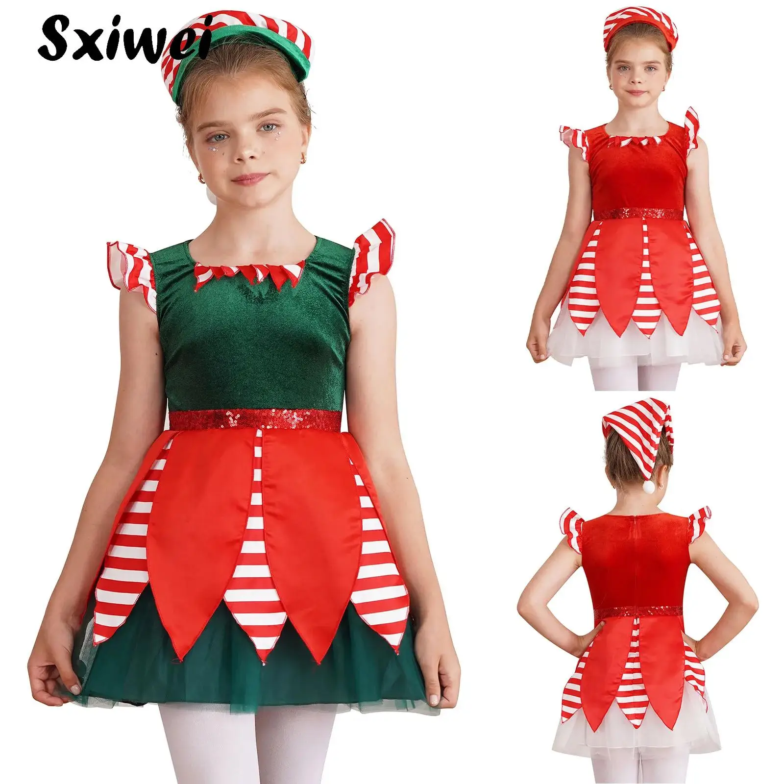 

Candy Cane Christmas Elf Dress Little Girls Striped Sequin Princess Tutu Skirt Party Performance Figure Skating Ballet Dance Set