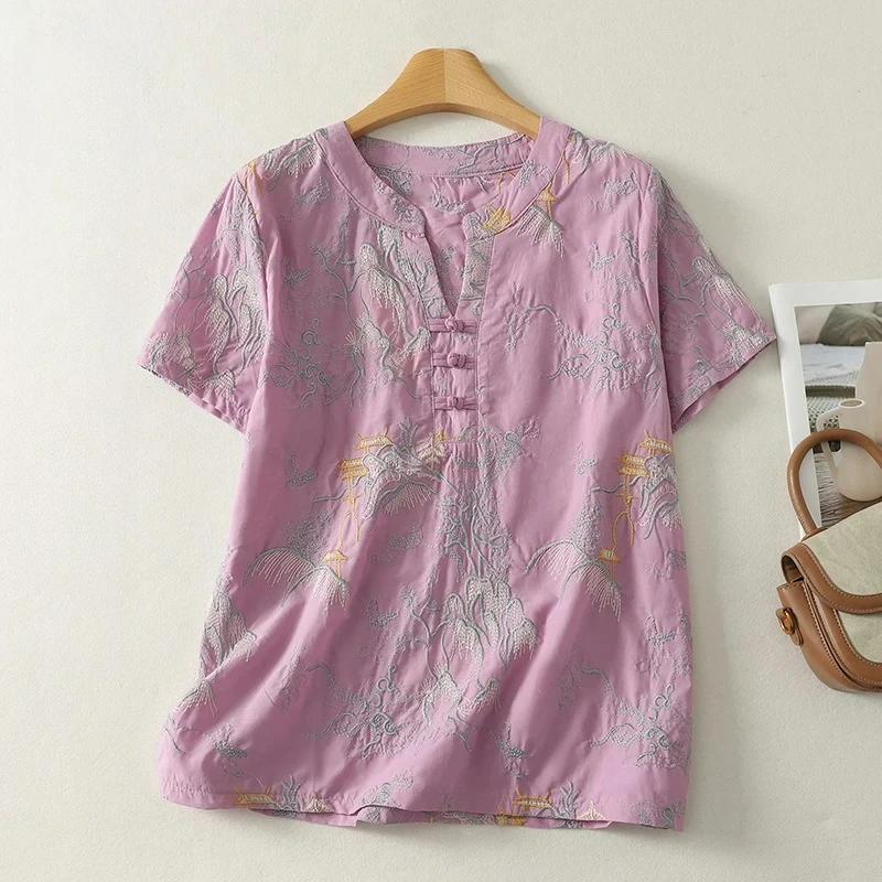 

Новая весенняя блузка из рами с вышивкой 2026 года, женская, с V-образным вырезом, воротником-стойкой, пуговицами-лягушками, коротким рукавом, в стиле ретро, элегантный женский топ