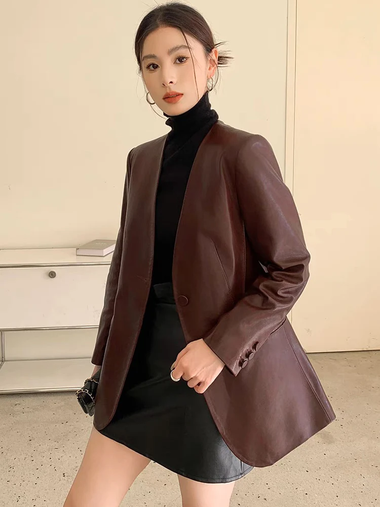 Women Clothing Elegant Female Genuine Leather Coat V Neck Burgundy Jackets Streetwear Lengthening Styles Single Button