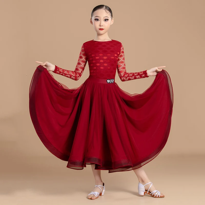 2024 New National Standard Dance Clothing For Girls Red Lace Sleeved Bodysuit Big Swing Skirts Ballroom Dance Costumes DN17986