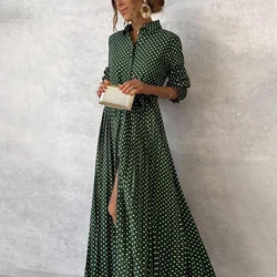 Boho Summer Polka Dot Print Split Long Dress Women Sexy Lapel Single Breasted Party Dress Spring Long Sleeve Hem Chic Maxi Dress